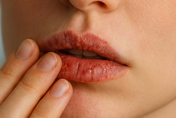 Labios resecos y agrietados de una mujer tocándolos con los dedos, mostrando los efectos del frío y la deshidratación en la piel.