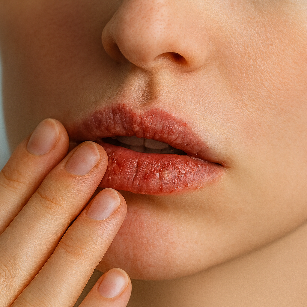 Labios resecos y agrietados de una mujer tocándolos con los dedos, mostrando los efectos del frío y la deshidratación en la piel.